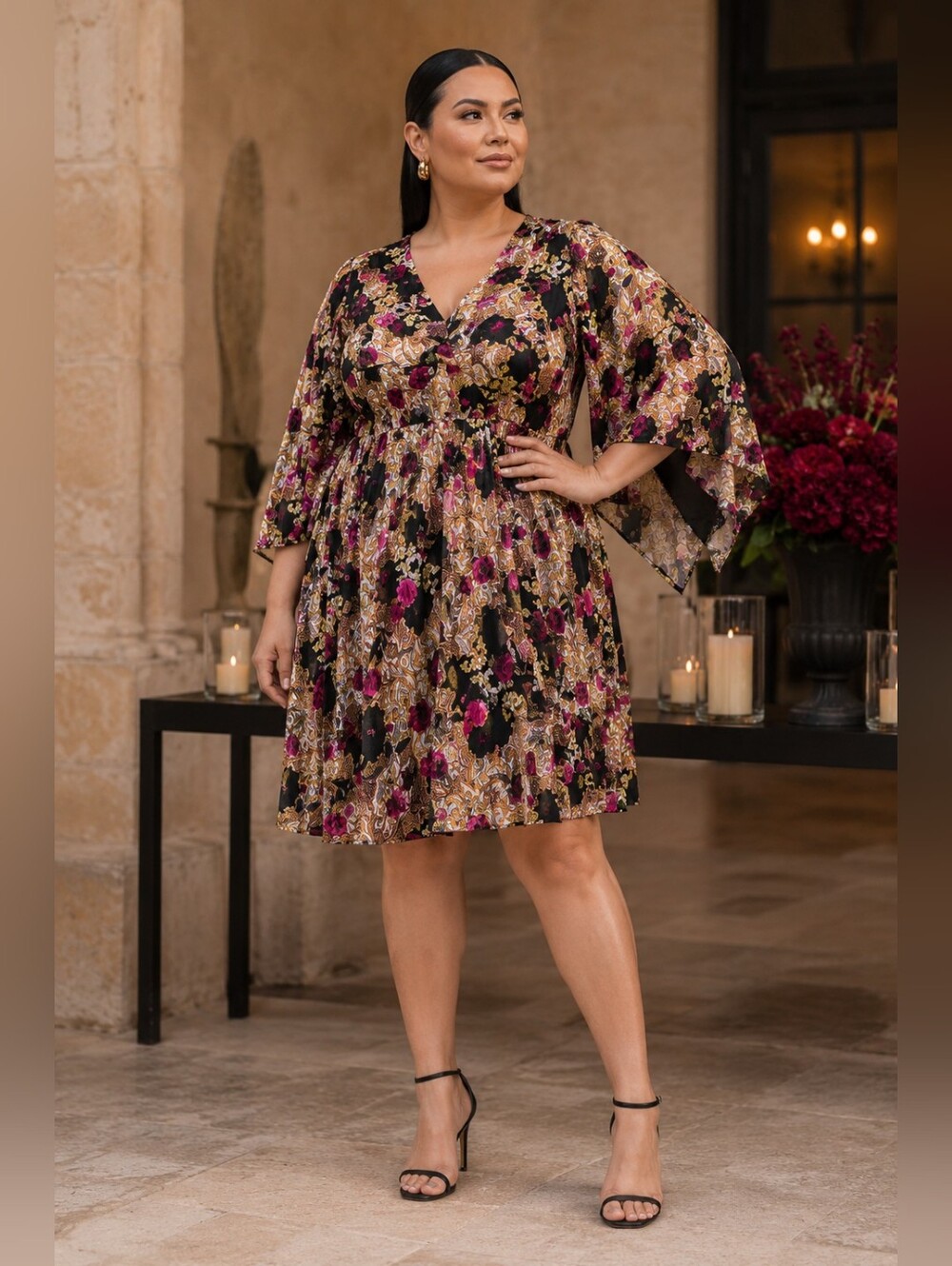 Melanie Lyne Plus Size 16: Floral V-Neck Fit & Flare Dress in Black and Berry